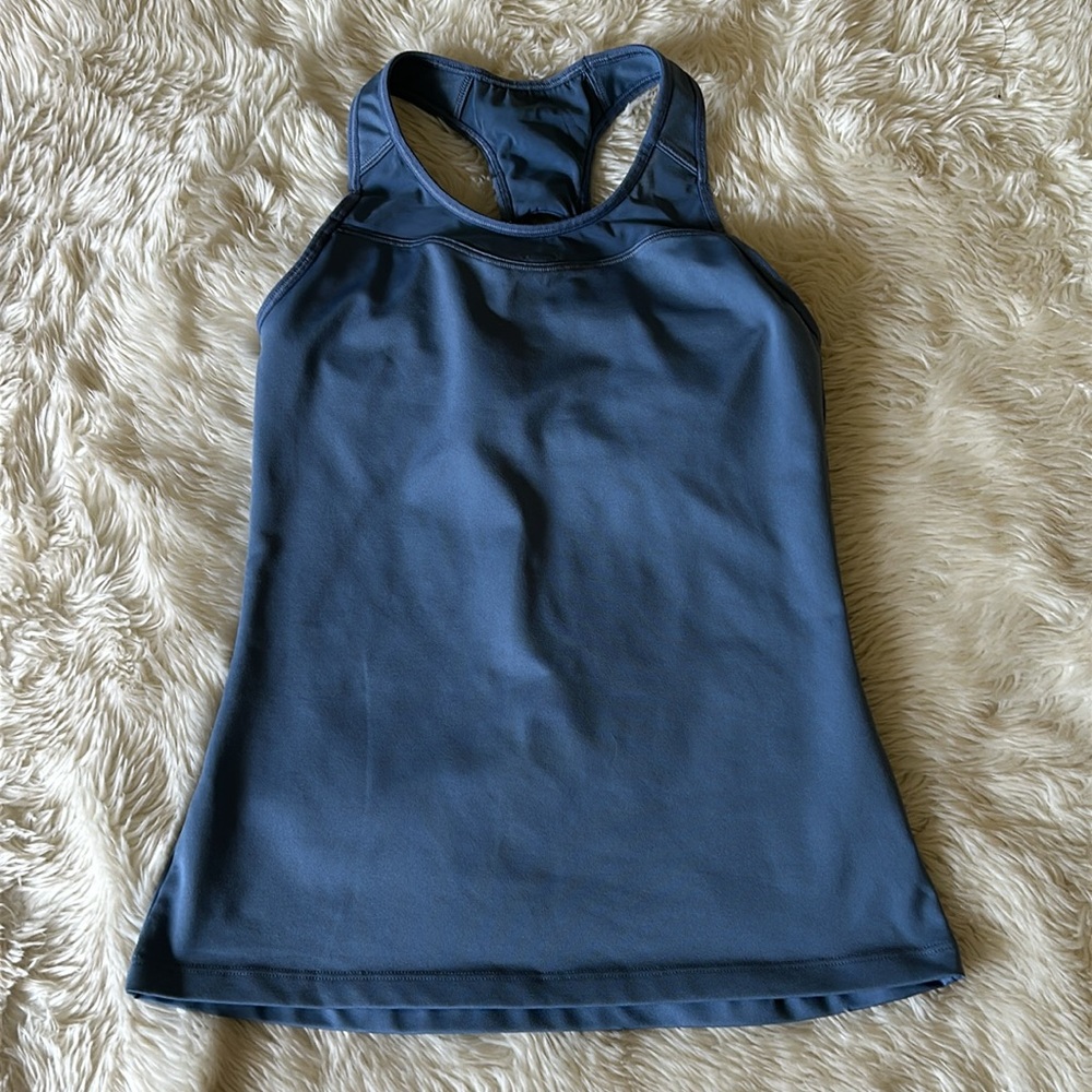 Athleta Spiral Support Tank Top Blue Gray Racer Back Built In Bra Yoga Size XS